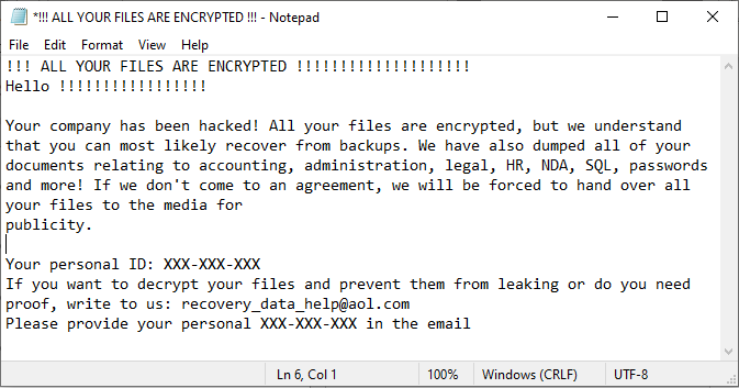 "Figure 1: This is an illustration of a note file with a ransom note is left on compromised systems, frequently on the desktop."